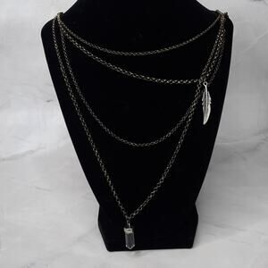 AEO Layered Matte Gold Tone Chain Crystal Pendant Necklace Feather Charm